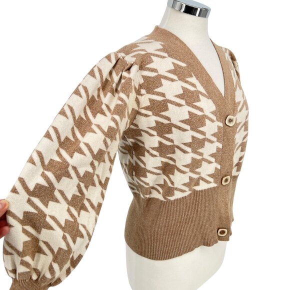 Joie Houndstooth Cardigan Sweater Balloon Sleeves Beige Ivory Size Medium - Picture 1 of 7